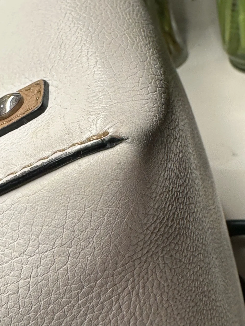 Burberry Tan White Leather Tote with Dark Green Handles